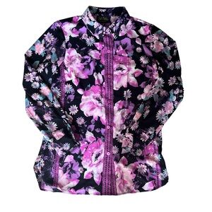 Bob Mackie Vintage Silk Button Up Long Sleeve Shirt Black & Purple Floral Sz XXS
